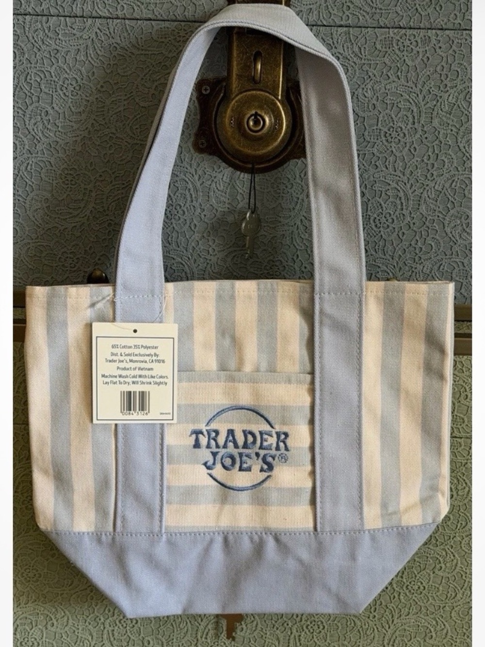 Trader Joe's Striped Mini Canvas Tote Bag Blue White 13x11x6 Cotton Blend NEW